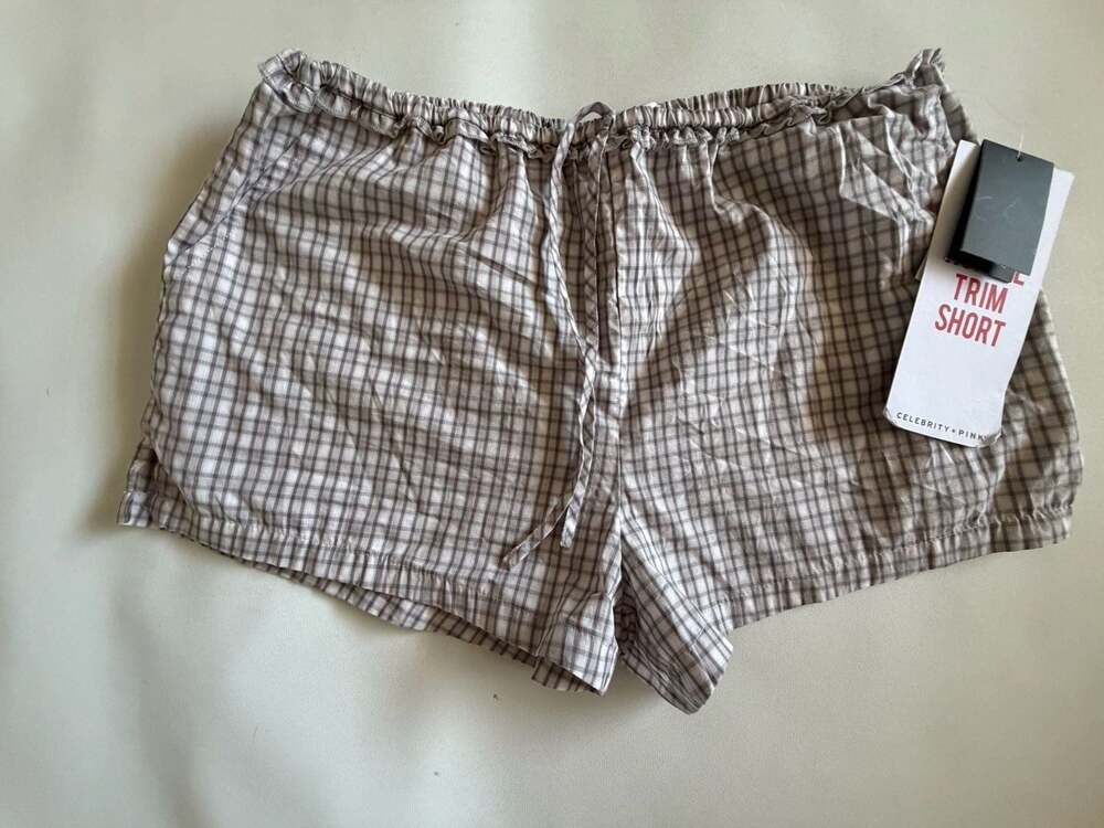 Celebrity Pink Shorts Womens XS Brown Plaid Trim Ruffle Drawstring NWT Boho